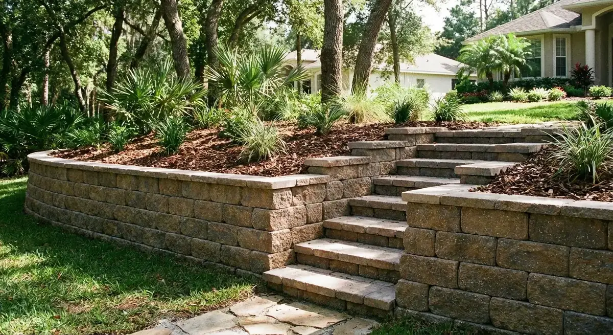 Block retaining wall with built-in steps climbing a landscaped slope, Lacoochee, FL