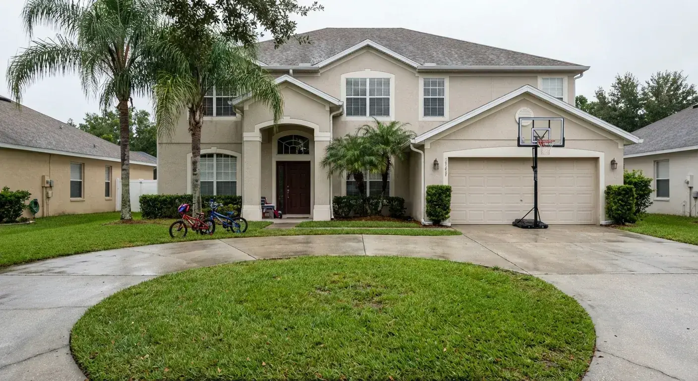 Circular concrete driveway turnaround around a grass island at a two-story home, Brooksville, FL