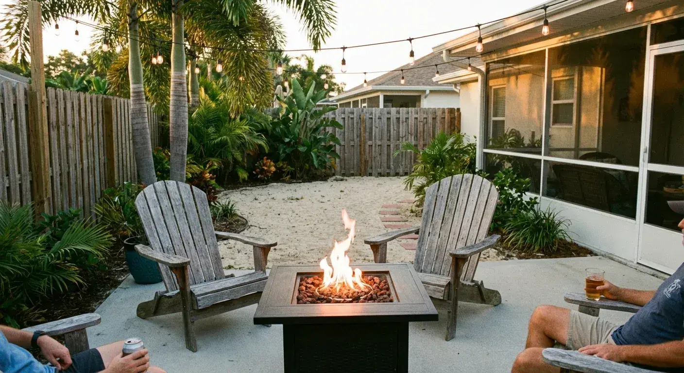 Concrete patio with a fire table and Adirondack chairs beside a screened porch, Hernando Beach, FL