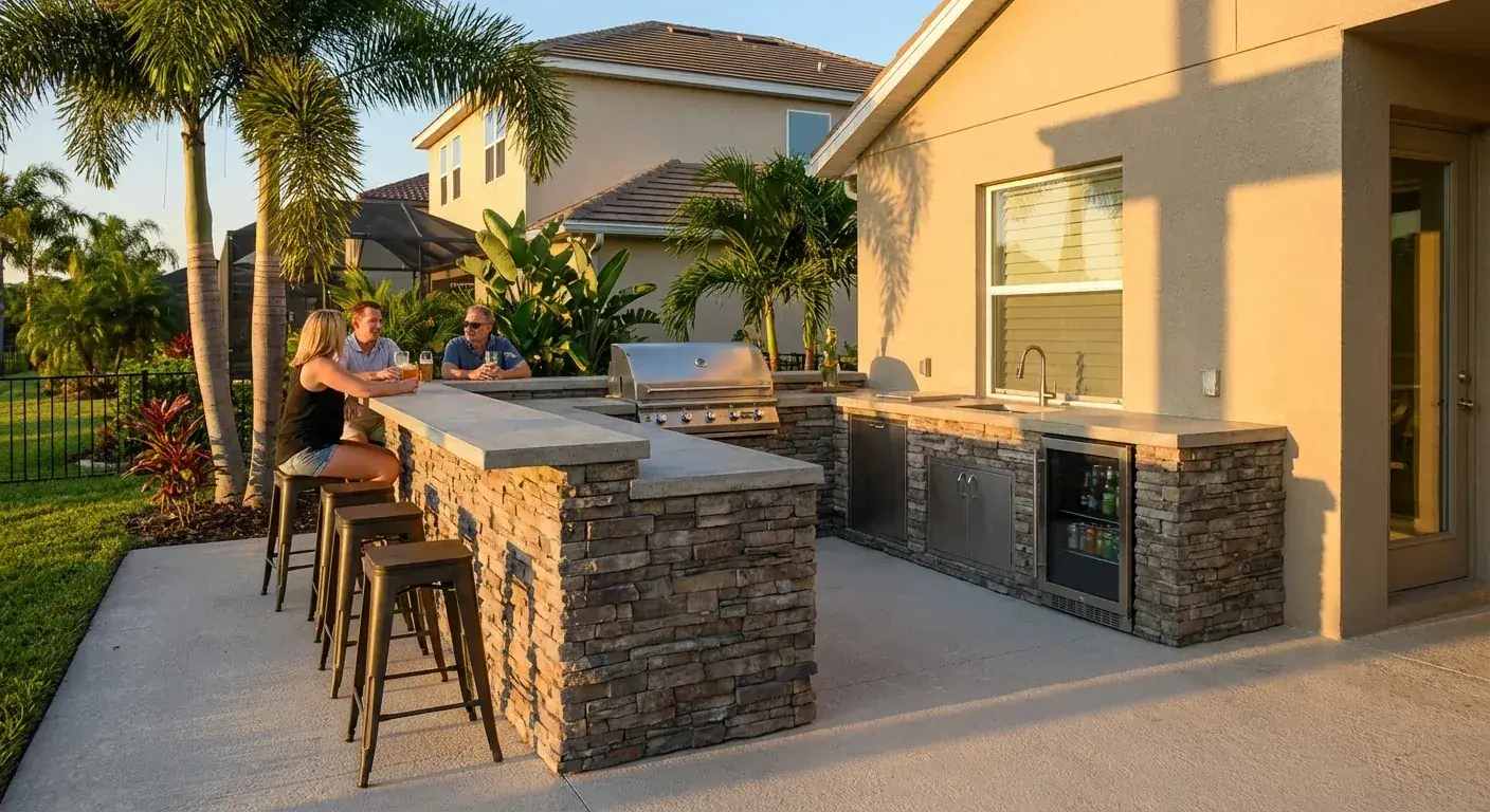 Concrete patio with a stone outdoor kitchen and bar seating beside a stucco home, Brooksville, FL