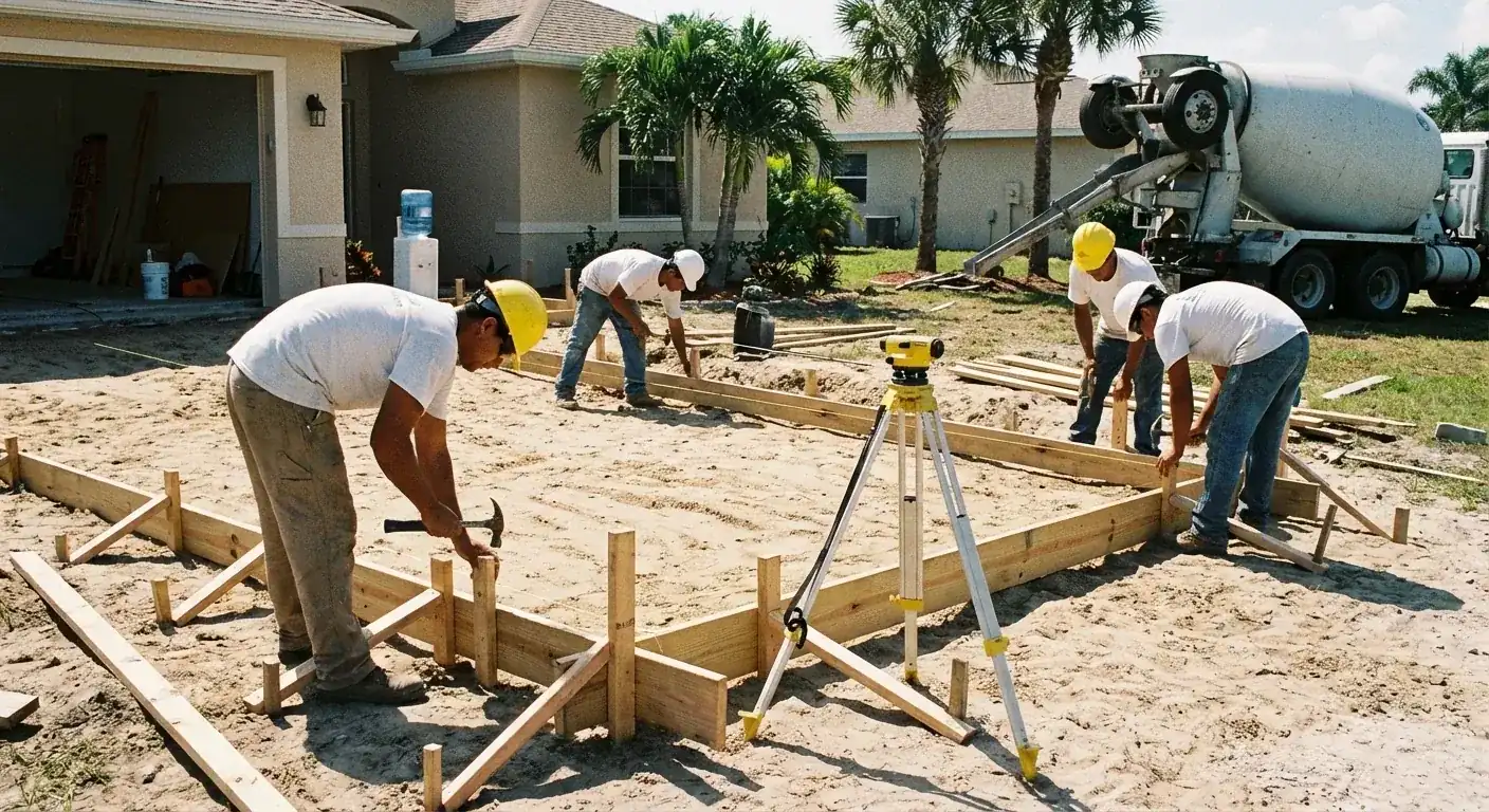 Crew setting wood forms and leveling the sand base for a concrete slab, Brooksville, FL