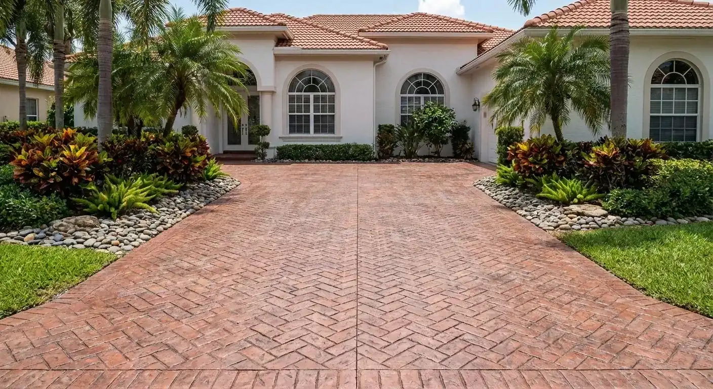 Red herringbone stamped concrete driveway leading to a tile roof Florida home, Sugarmill Woods, FL