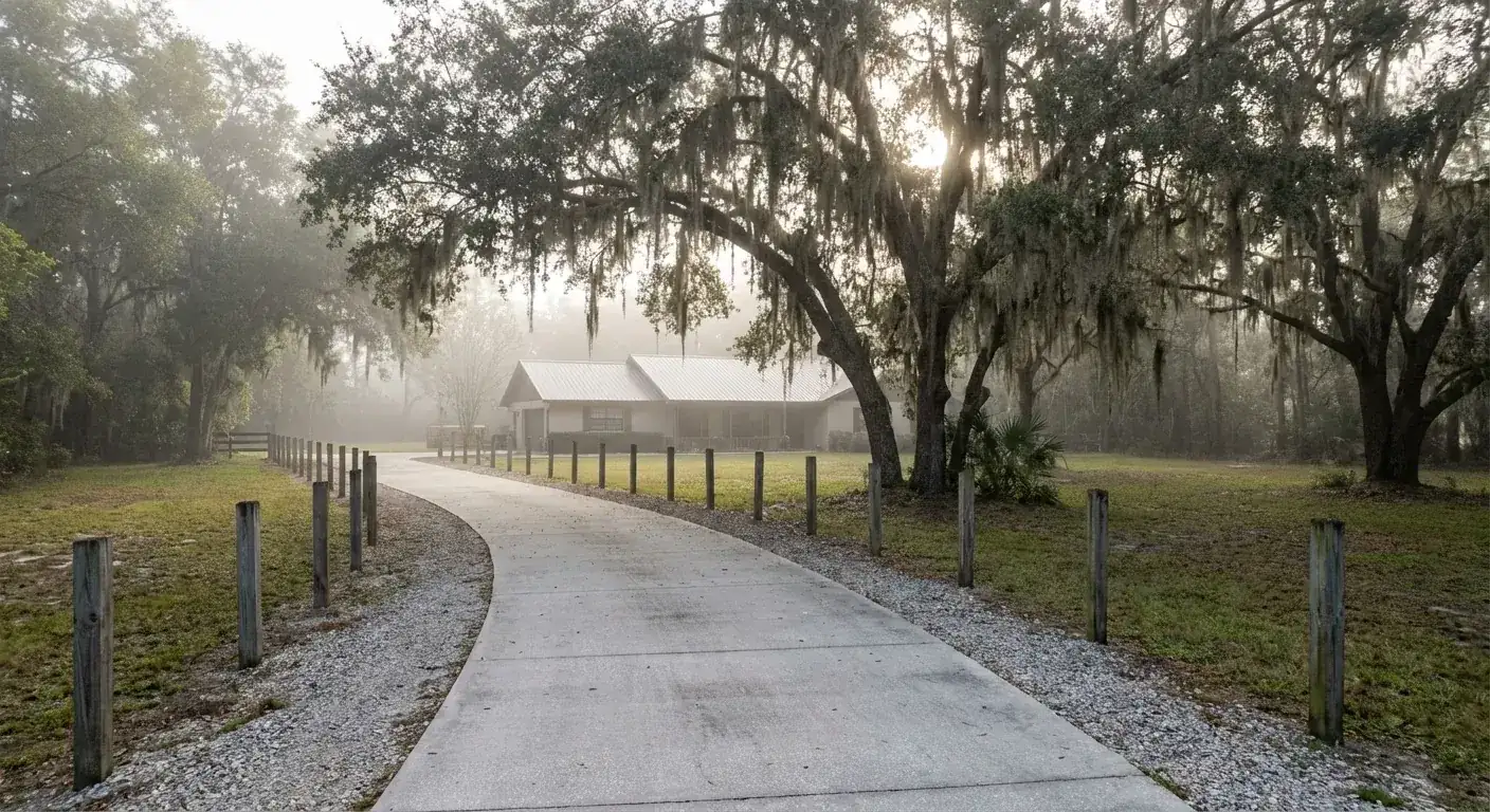 Rural concrete driveway lined with a wood fence and moss-draped live oaks, Bushnell, FL