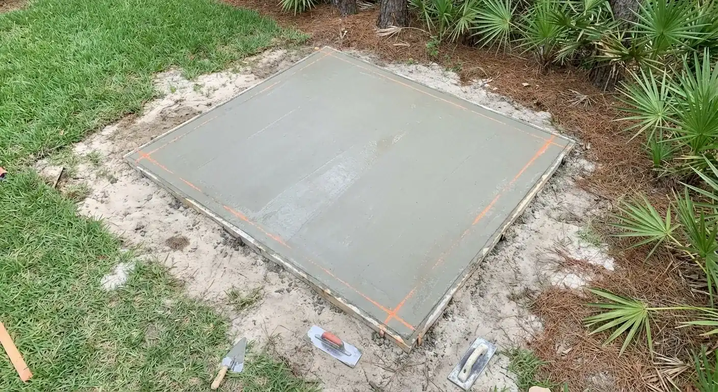 Small concrete shed slab poured in a sandy backyard among saw palmettos, North Brooksville, FL