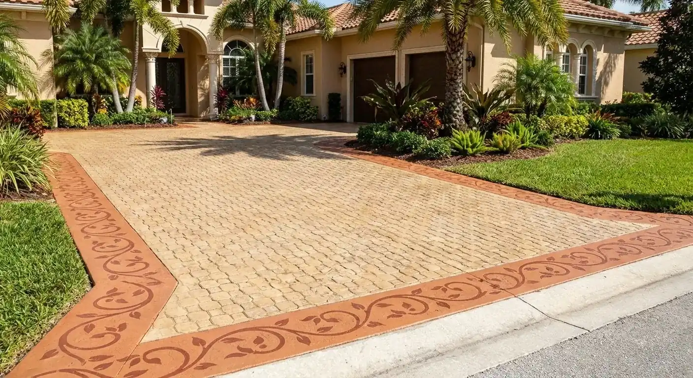 Stenciled decorative concrete driveway with a red border and scroll pattern, Sugarmill Woods, FL