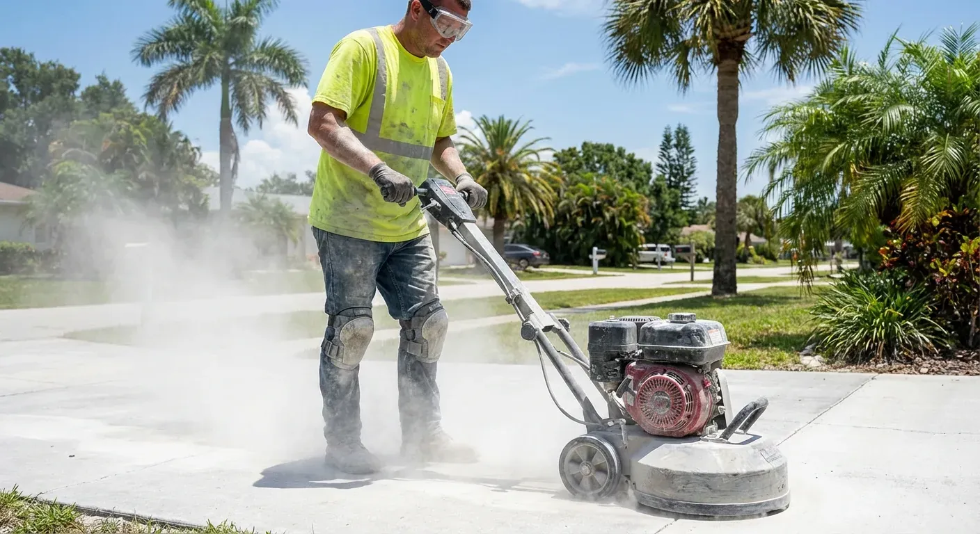 Worker grinding an old concrete surface with a walk-behind grinder, Bushnell, FL