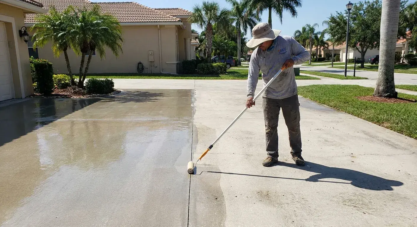Worker rolling sealer onto a concrete driveway in a palm-lined neighborhood, Brookridge, FL
